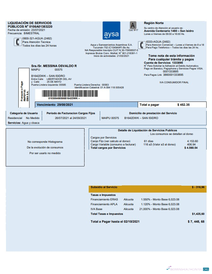 download Argentina water utility bill template Aysa in Word and PDF format (.doc and .pdf) PDF template
